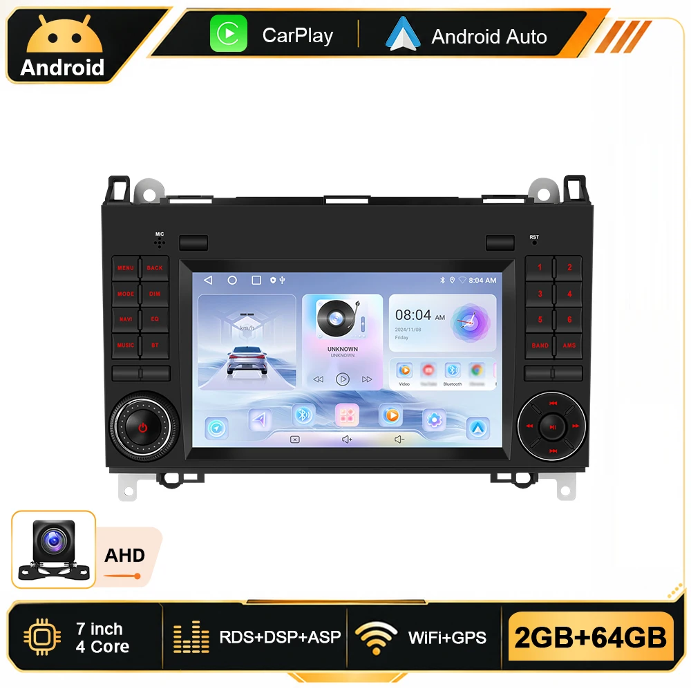 Podofo 7'' 6G+128G Android Auto-Multimedia-Player für Mercedes Benz Sprinter W906 W209 A-Klasse W169 B-Klasse W245 Viano/VITO GPS-Navigation WiFi BT Smart Car Systems CarPlay Android Auto Autoradio