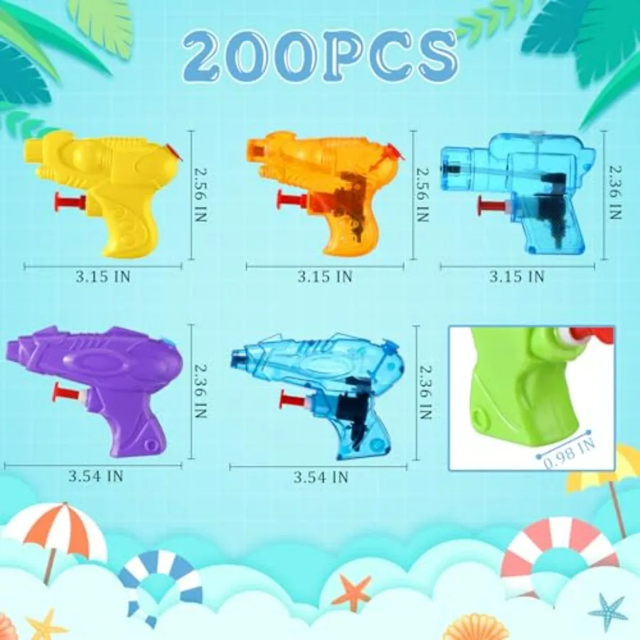 Water gun toy for summer pool, beach, and party use; plastic material; assorted colors; 200 pcs bulk pack with reliable squirt