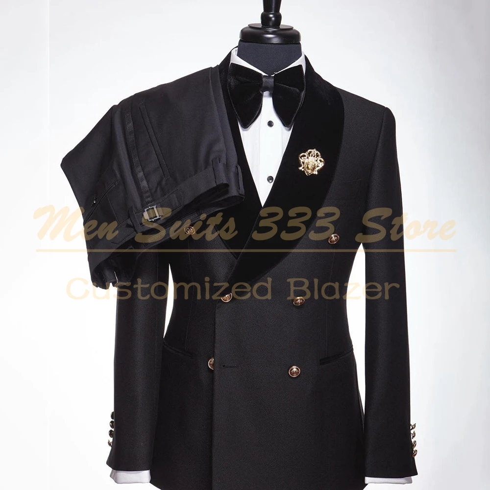 

Черные мужские костюмы, комплекты из 2-х предметов, куртка и брюки, формальная двубортная шаль с лацканами, мужская одежда, элегантная повседневная одежда