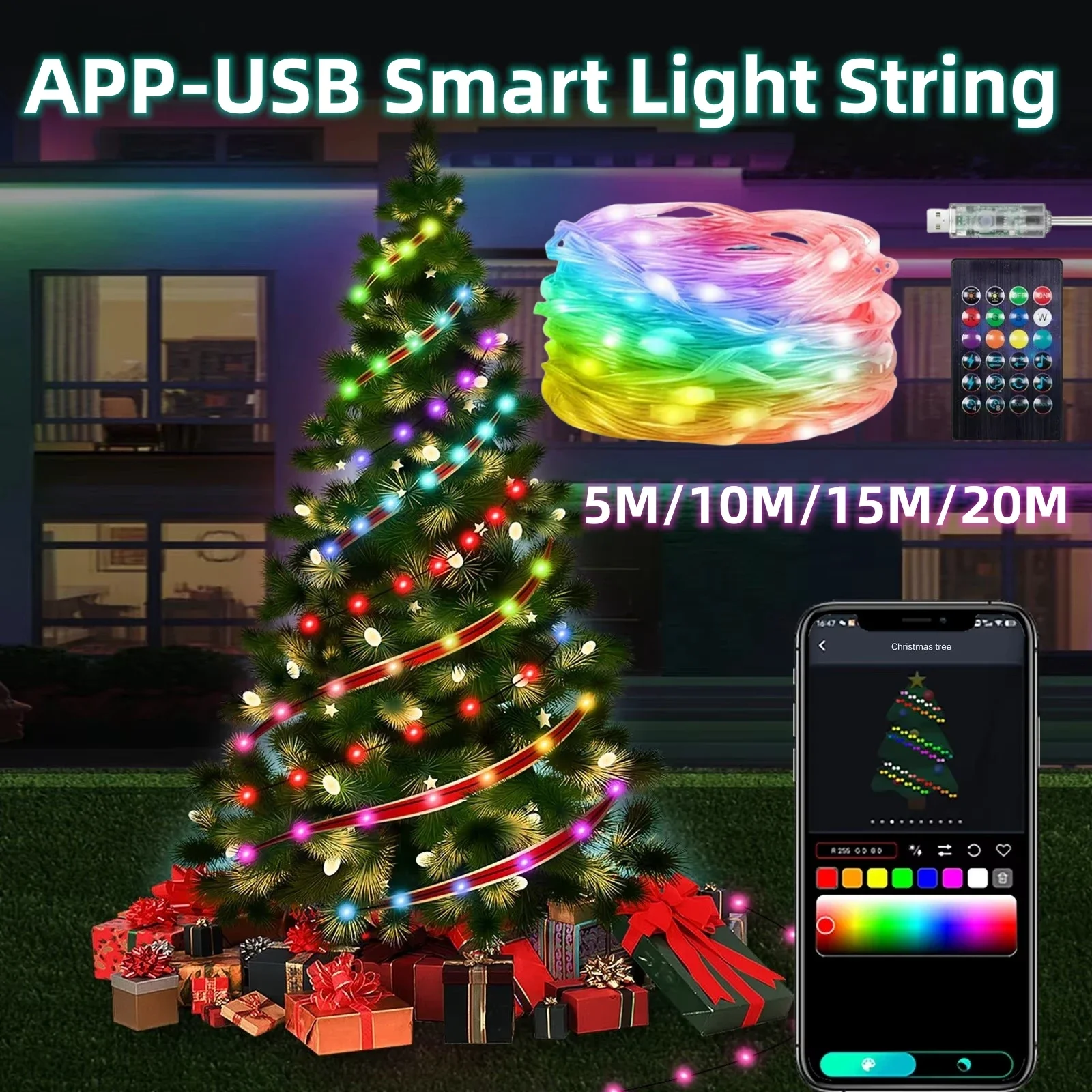 

5/10/20M Christmas IP65 Outdoor Decorative Strip Light 5V USB Ws2812 RGB IC Bluetooth APP Control Holiday Led Fairy Light String