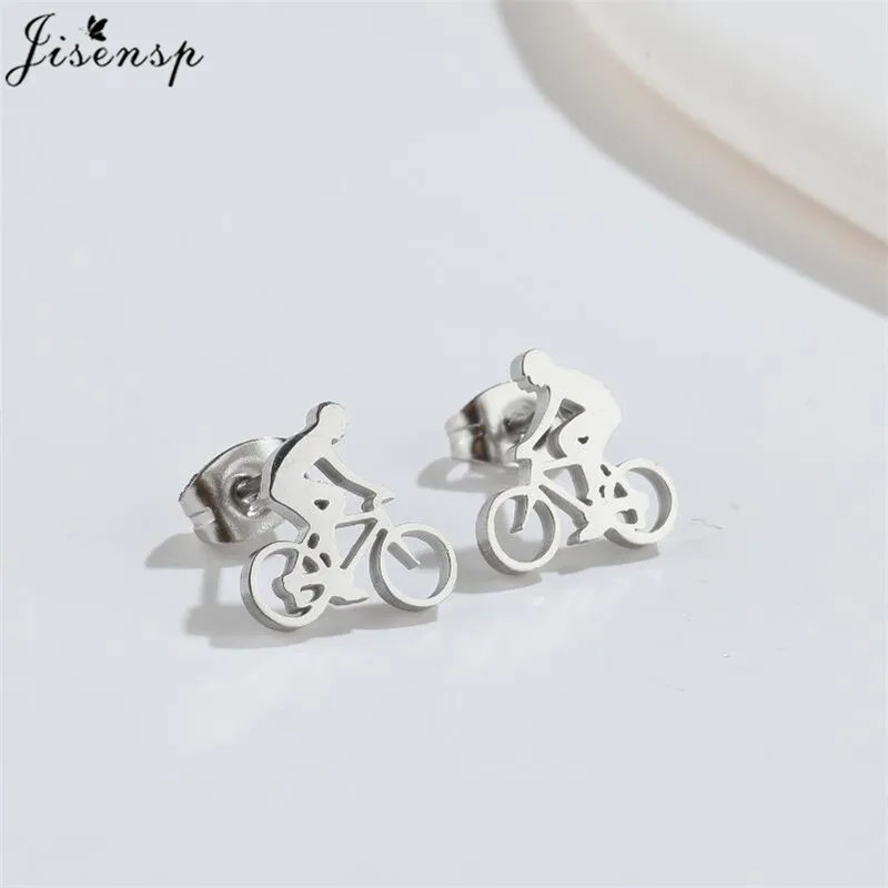 Jisensp Tiny Bike Bicycle Earrings for Women Fashion Silver Color Fitness Sport Stud Earrings Piercing Ear Jewelry Gift Friends