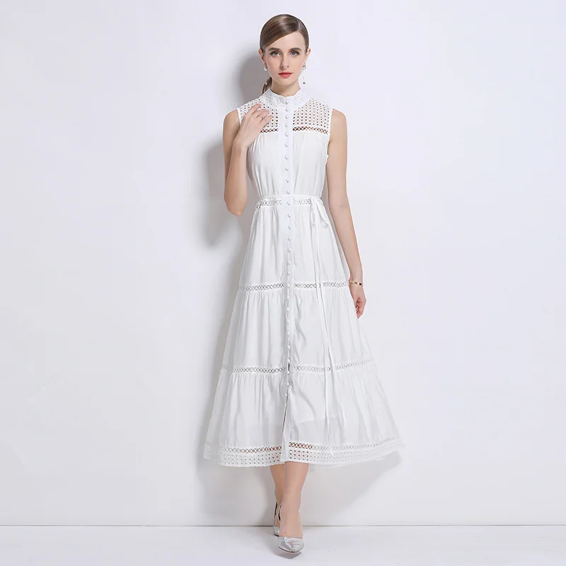 Francuska Sukienka Vintage Elegancka Bez Rękawów Wycięta Haftowana Koronkowa Sukienka Wakacyjna Damska Letnia Jednorzędowa Długa Sukienka Vestidos