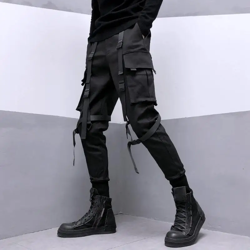 Pantalones Cargo negros para hombre, pantalones con bolsillo con cinta, ropa informal japonesa, Hip Hop, Harajuku, moda Harem, primavera 2024