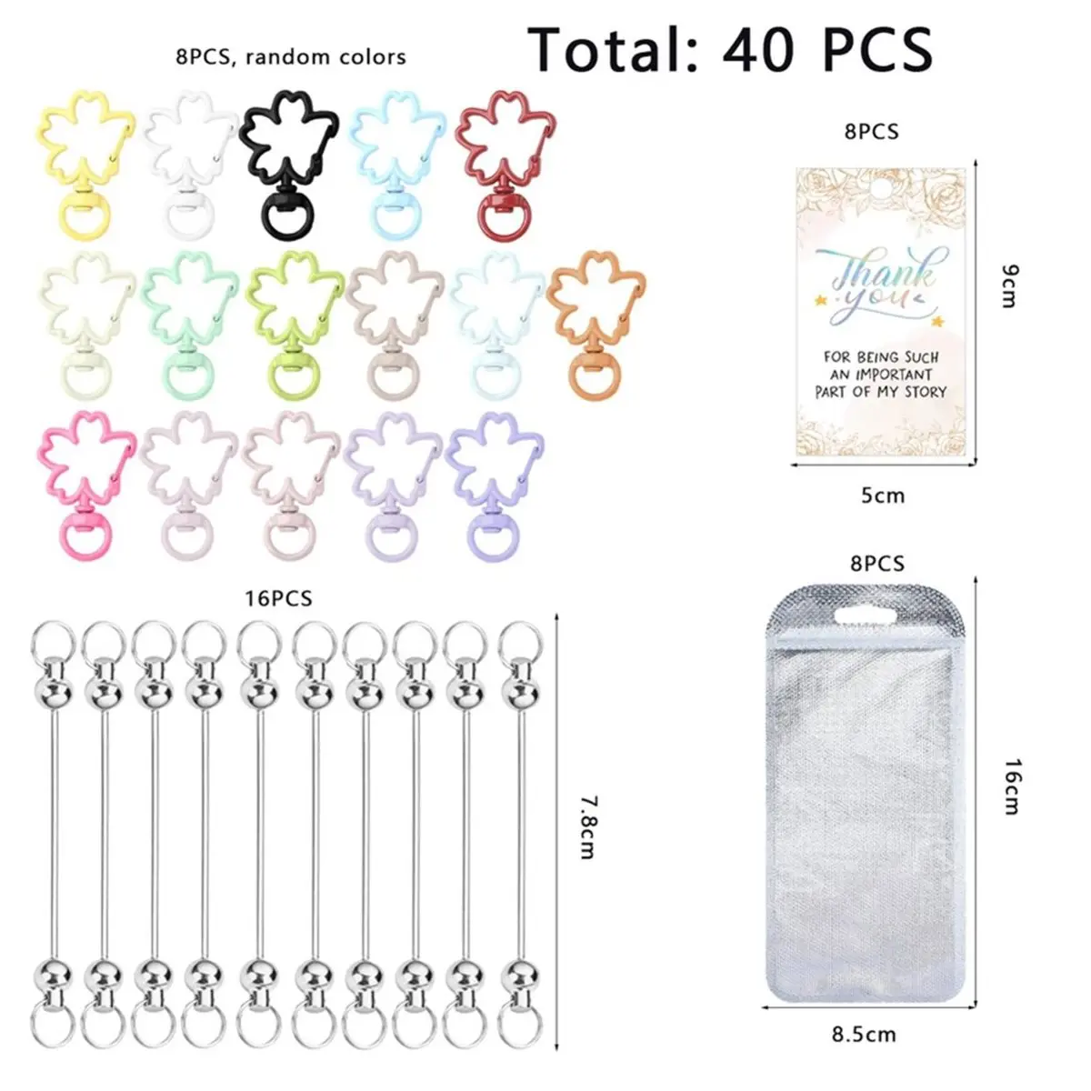 Multi-use Gear DIY Beadable Keychains Set, Blank Bead Rod Random Color Flower-Shaped Key Chain Set Including Cardboard Bag