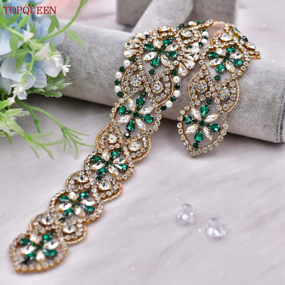 

TOPQUEEN New Gemstone Wedding Sash Green Diamond Applique Banquet Woman Bridal Belt Girlfriend Holiday Gift S161B-G-KL