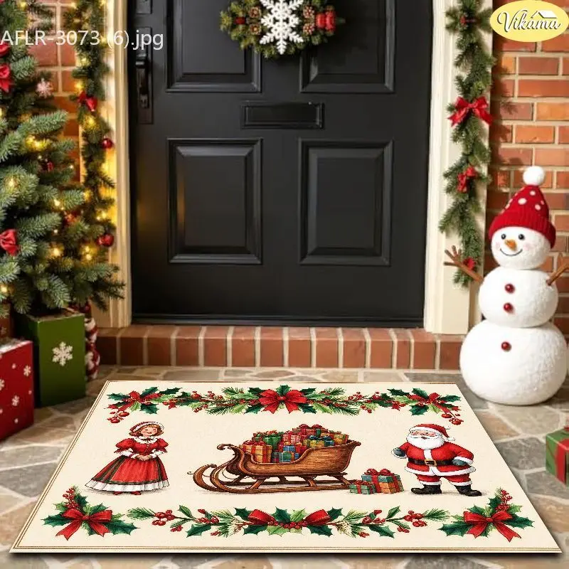 VIKAMA Mr Mrs Santa Sleigh Holly Entryway Rug Non Slip Low Profile Mats for Outside Front Door Xmas Winter Decor Washable