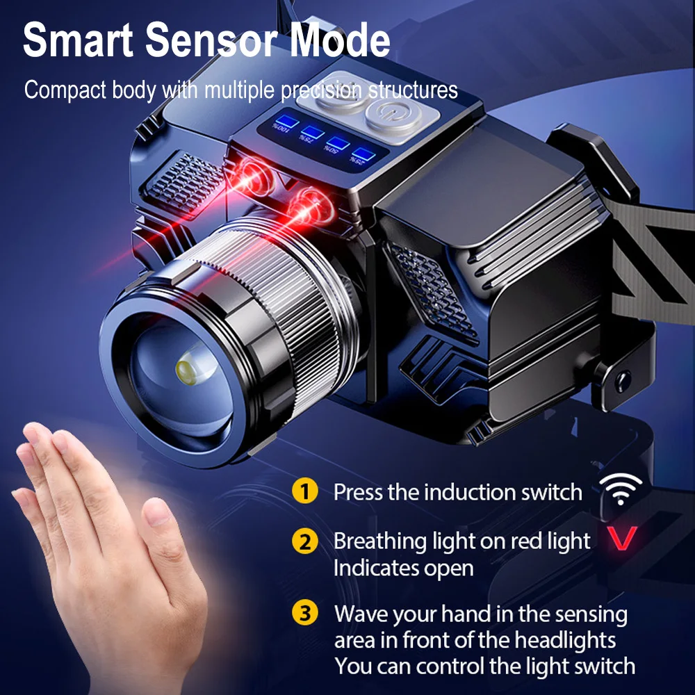 BORUiT Масштабируемый светодиодный налобный фонарь с датчиком движения, водонепроницаемый перезаряжаемый налобный фонарь с индикатором питания для кемпинга, рыбалки