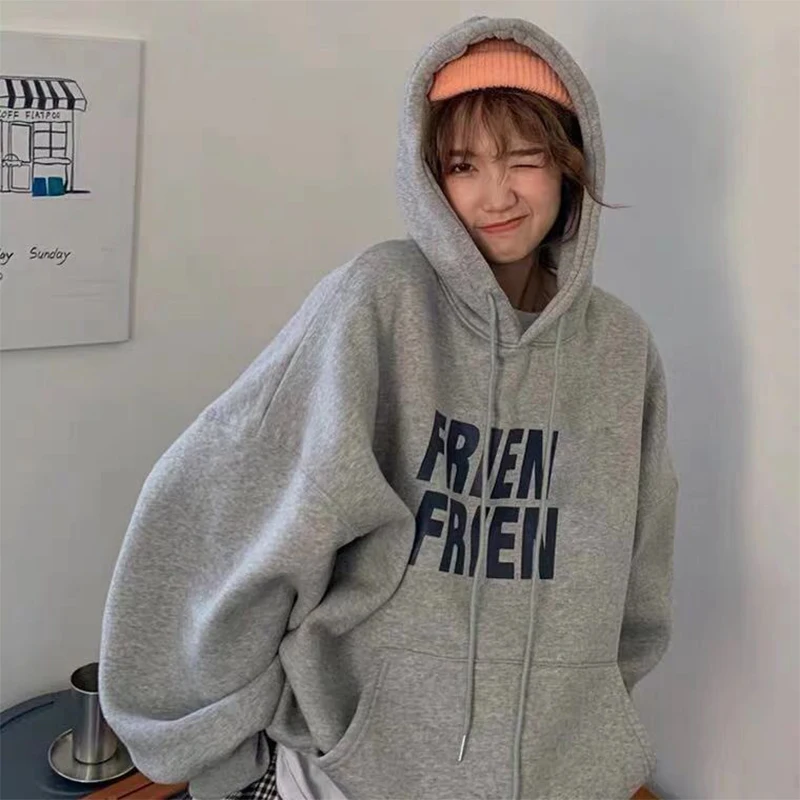 

Gray Hoodie Women's College Style Autumn Winter Thickened Loose Outerwear Hiphop Lazy Style Large Size Women's Clothing