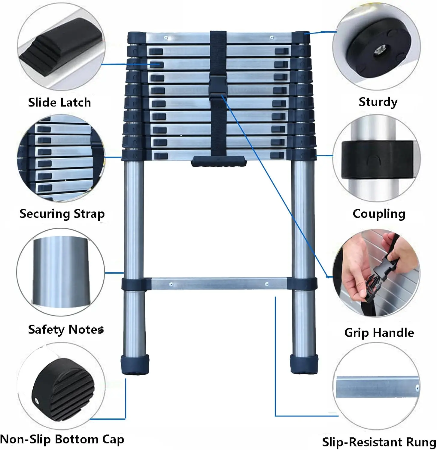 10FT Stainless Steel Extension Ladder for Home Collapsible Ladders 330 Lb Max Capacity, Multi-Purpose Telescopic Ladder for Roof