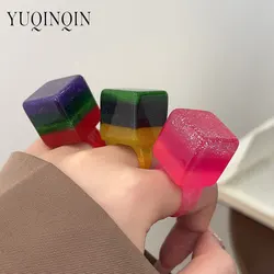 Anillos de corazón coloridos de moda para mujer, traje geométrico cuadrado, anillo grande exagerado para mujer, joyería de escenario única, 5 piezas por juego