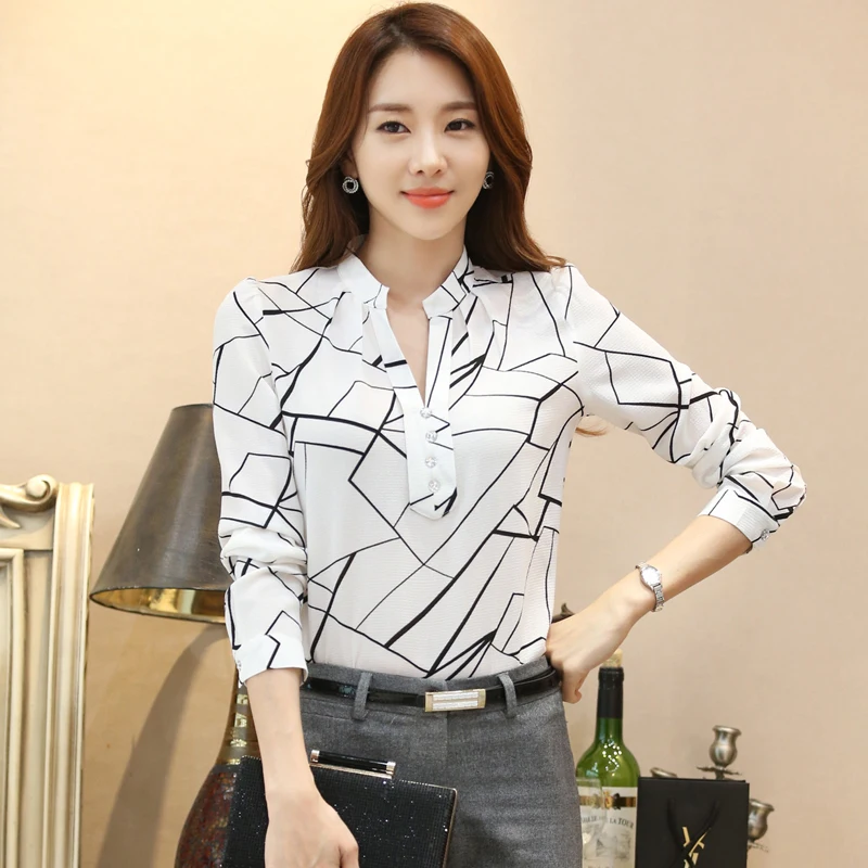 Femmes longue Sve v-ne coupe ajustée irt printemps 2024 Faion coréen Sle Bla blanc rayures en mousseline de soie Blouse trajet Sle