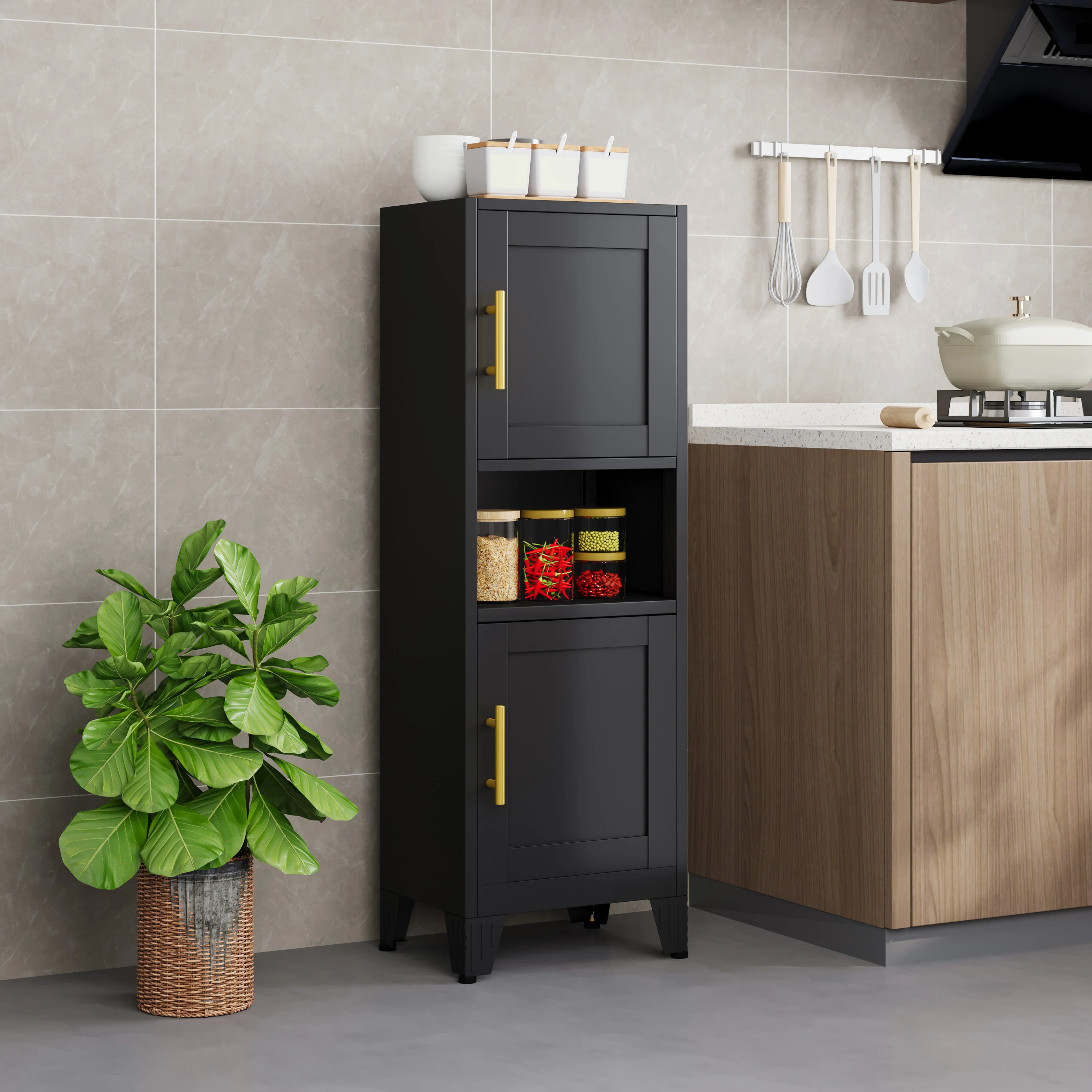 

47.24" Metal Bathroom Storage Cabinet with Doors, Modern Freestanding Narrow Cabinet with Adjustable Shelves, Open compartments,