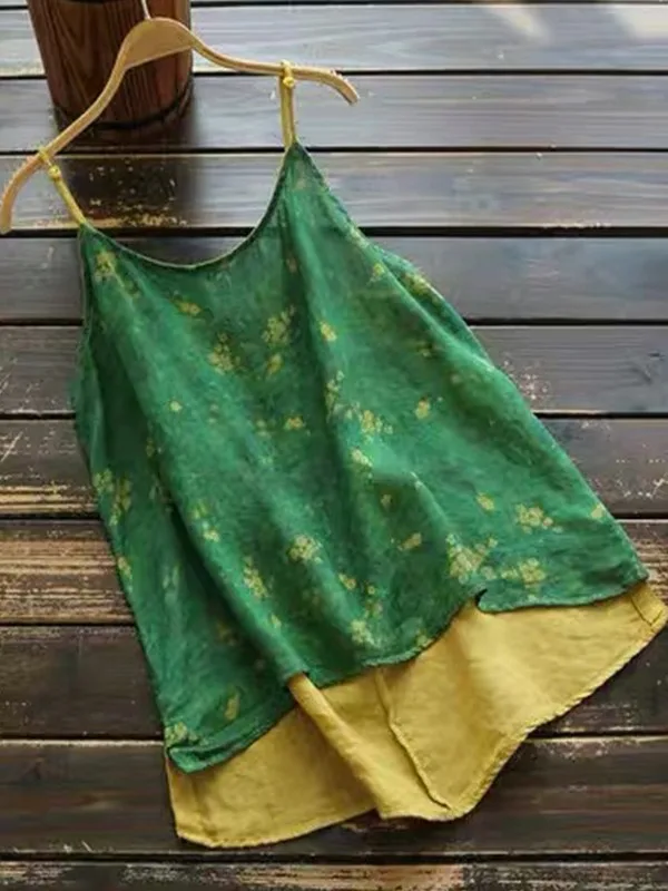 

Retro Cotton Linen Spliced Color Printed Small Strap Vest Large Size Women's Summer New Artistic Slimming Base irt