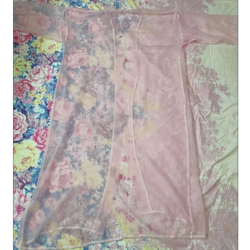 Women Sexy Lingerie Pink See-Through Chiffon 2pcs Sleepwear Set Ruffle Camisole Nightgown & Long Sleeve Robe Soft Nightdress