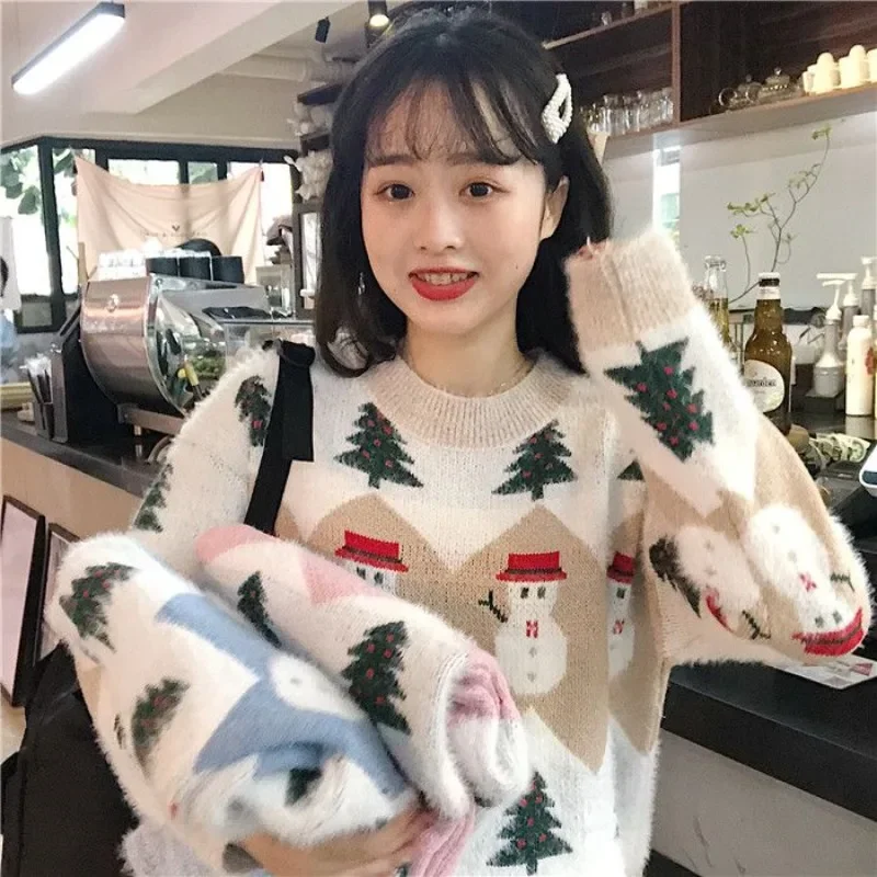 Christmas Style Kawaii Print Women Mink Cashmere Sweater Oversize O Neck Korean Sweet Knitted Y2k Sueter Mujer Pullovers