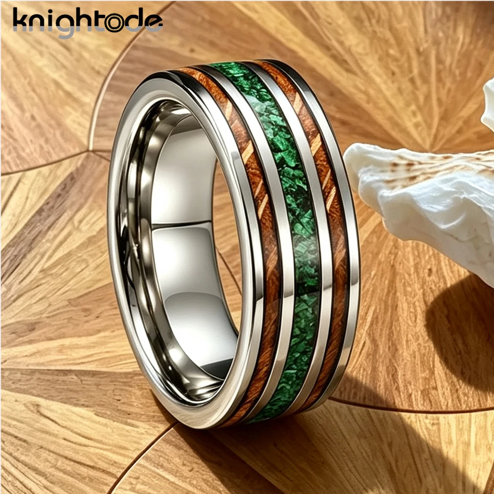8mm Tungsten Ring for Men Women with Green Crushed Stone And Whiskey Barrel Wood Inlay Comfort Fit Wedding Band