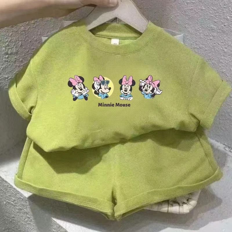 

Disney Summer Baby Girl Clothes Set Kid Girls Mickey Minnie T-shirts and Shorts Suit Children Solid Cotton Short Sleeve Outfits