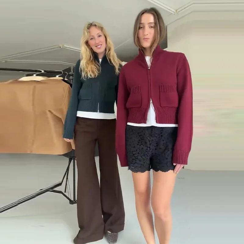 Damenmäntel mit Stehkragen, Doppelreißverschluss, kurzer Strickcardigan, Herbst, Damen, lange Ärmel, Taschen, einfarbig, schlanke Strickwaren, neue Oberteile – Detail 21