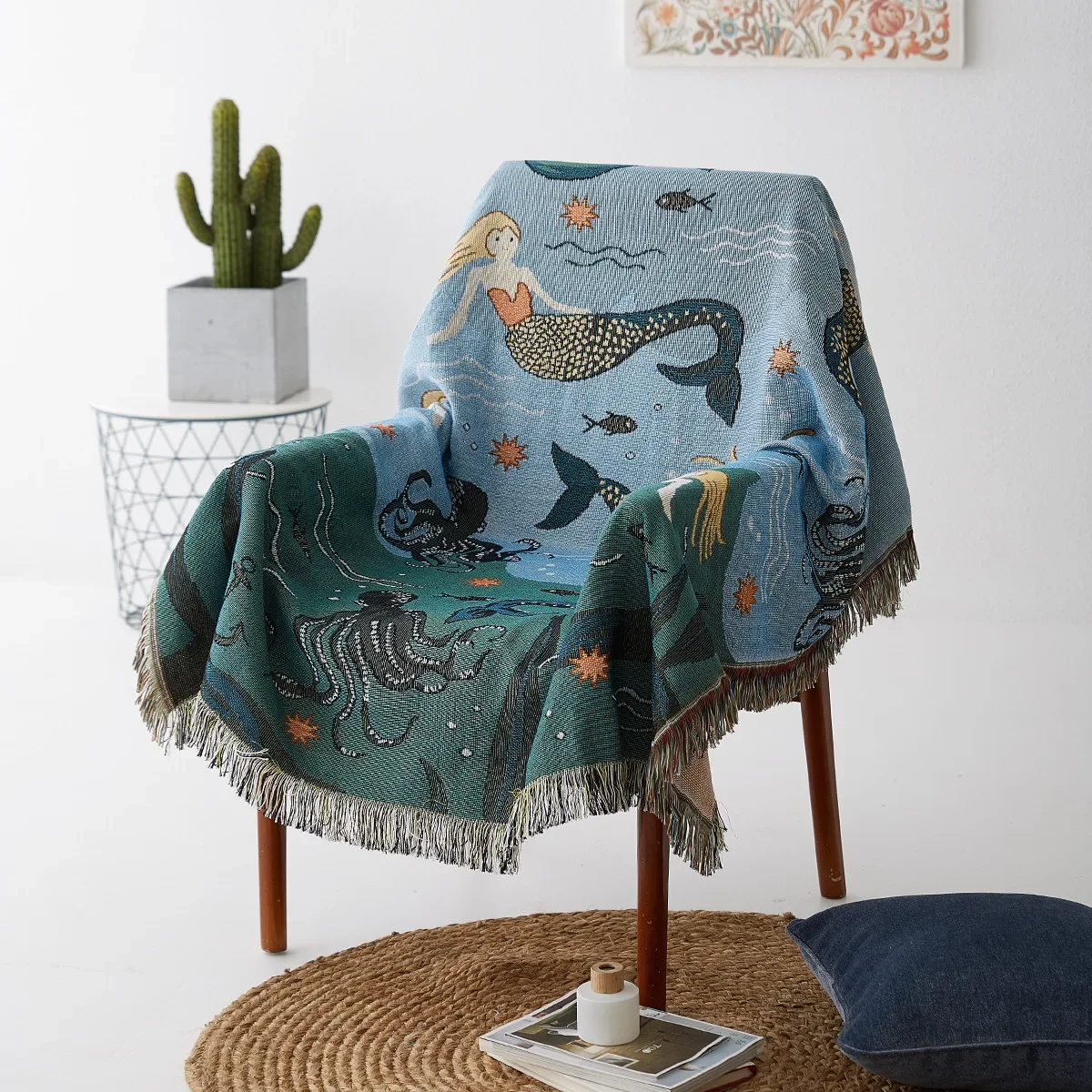 Textile City Mermaid Woven Throw Blanket Boho Nautical Tapestry with Tassels for Sofa Cover Decorative Blanket for Living Room