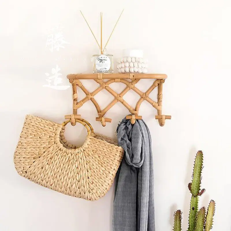 Handwoven Rattan Wall Hanger Bohemian Entryway Storage Shelf Kids Room Organization Hook Vintage Photography Background Prop