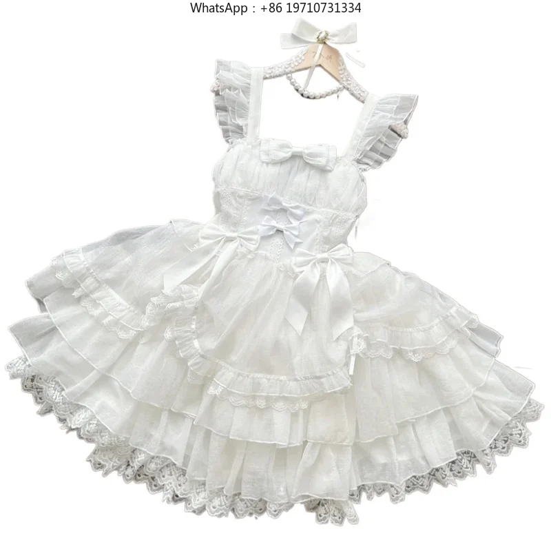 Women Gothic Lolita JSK Mini Dress Lace Ruffles Bow Princess Y2K White Party Dress