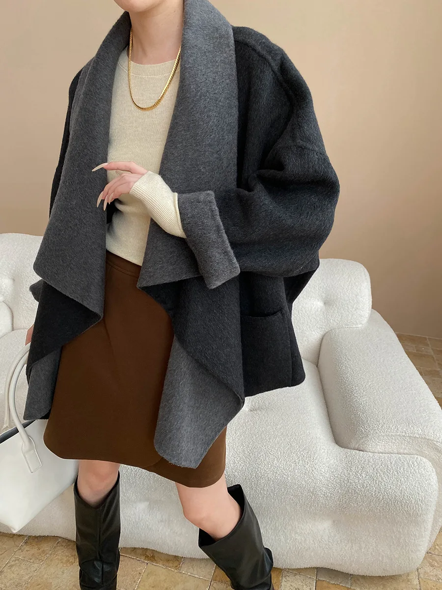 

Winter women's casual solid color large collar bathrobe cape style wool double-sided woolen coat