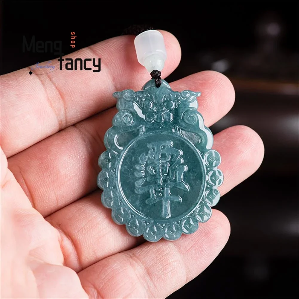 Genuine Natural A-goods Jadeite Blue Water Beast Head Gossip Jade Pendant Exquisite High-grade Handicraft Luxury Fashion Jewelry