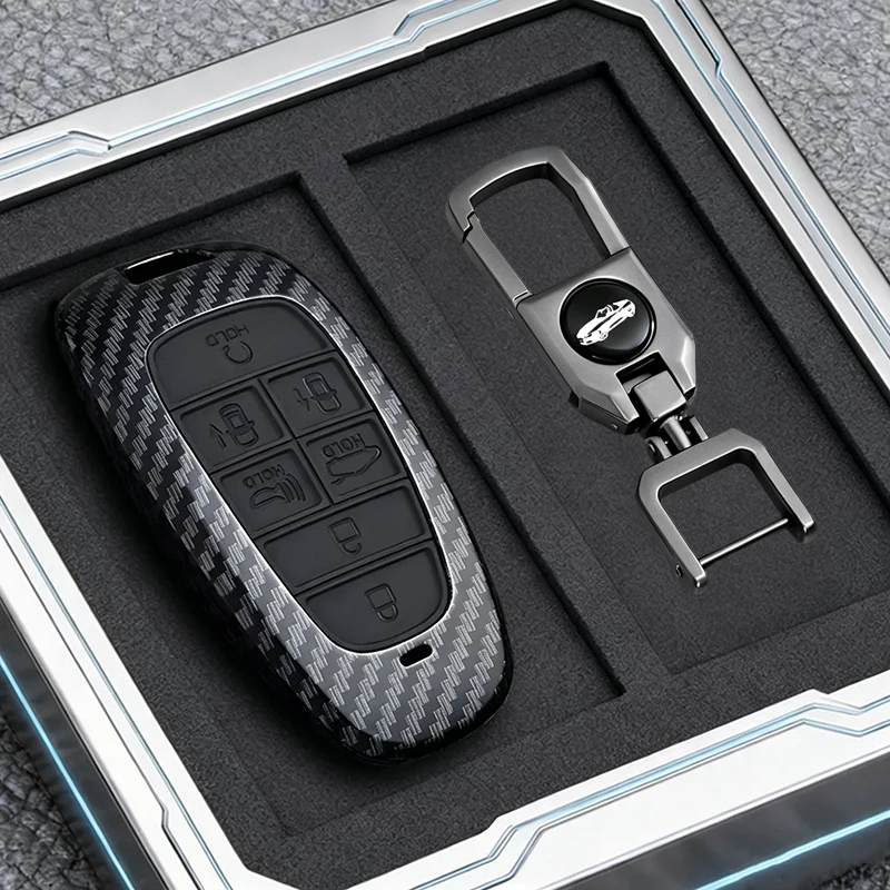 7-Tasten-Schlüsselhülle für Hyundai Santa Fe Tucson 2022 NEXO NX4 Atos Solaris Prime im ABS Carbon-Fiber-Stil mit Schlüsselanhänger – Detail 4