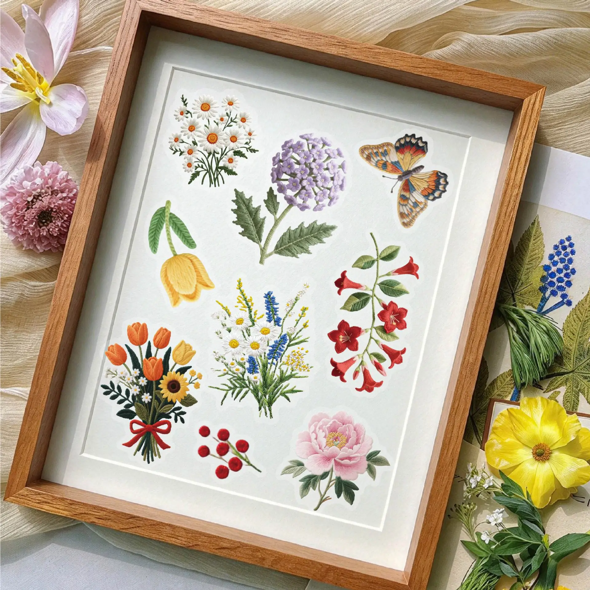 15pcs/1lot Kawaii Scrapbook Stickers Embroidered Wild Flowers Collection Junk Journal Gold Planner Stationery   Decorative
