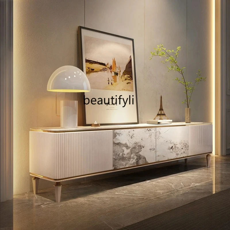 

French Retro TV Cabinet and Coffee Table Set for Villa Living Room, Rock Slab Storage Floor Cabinet