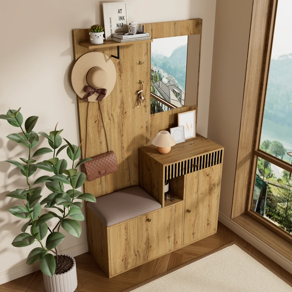 PINGGO Kompaktes Garderoben-Set mit Spiegel und Kissen, Flur-Wandregal, Garderobenpaneele, Schuhschrank für Flur-Aufbewahrung – Detail 7