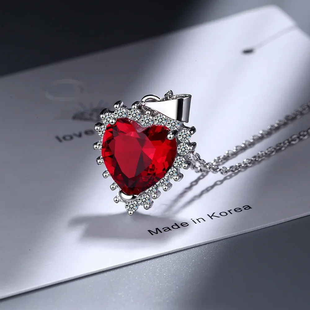 Fashion 925 Sterling Silver Pendant Necklace Blue/red Zircon Crystal Love Heart Best Women Gift Chic Chain Necklace Jewelry