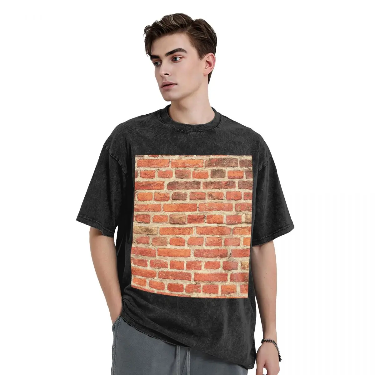 The Red Brick Wall Washed T Shirts Vintage Short Sleeve Hip Hop T-Shirt Streetwear Tops Tees for Men Women