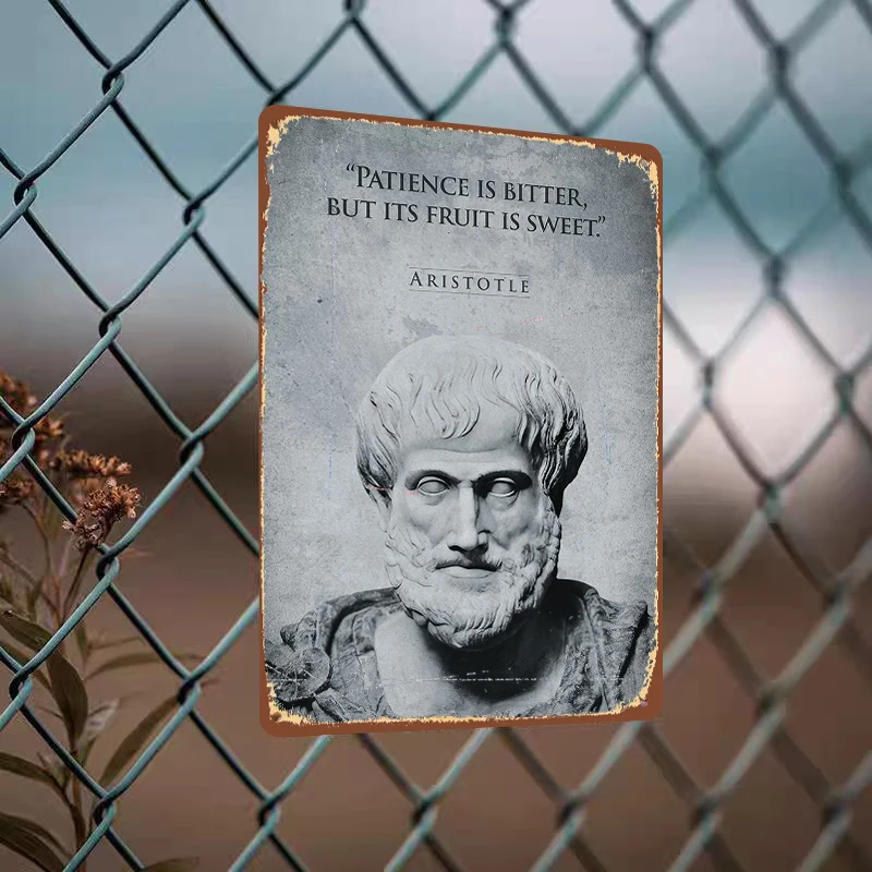 Aristotle Statue with Patience Quote Metal Wall Art Vintage Philosophy Home Decor Educational Inspirational Decorative Plaque