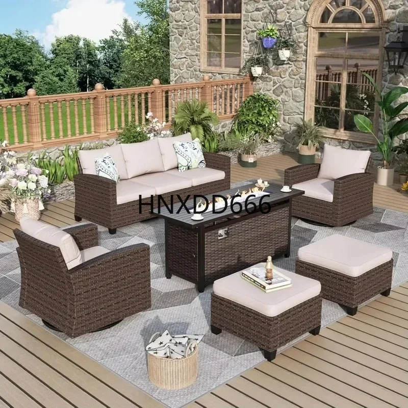 6-Piece Outdoor Wicker Rattan Patio Conversation Furniture Set, Includes 2 Swivel Chairs, 1 Three-Seat Sofa, and Pit Table