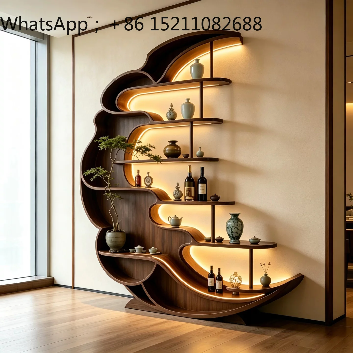 LLY new Chinese black walnut bogu frame mortise and tenon new special-shaped half-moon display bookcase