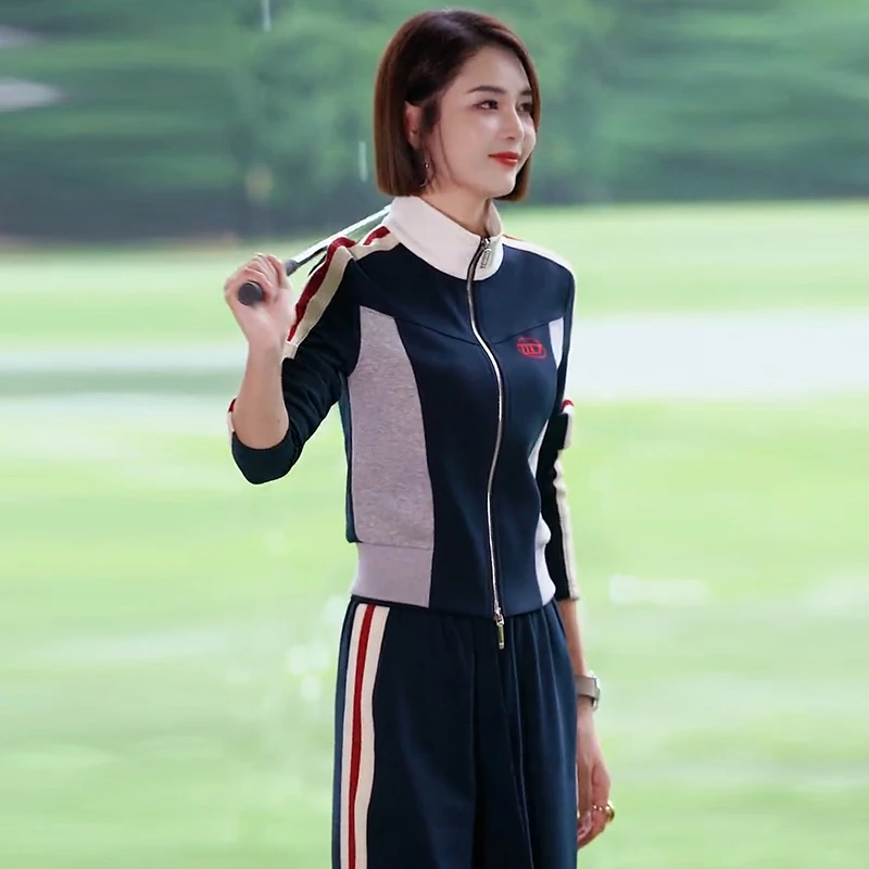 2026 Deep Blue Spring and Autumn New Fashion Style Long Sleeve Jacket Wide Leg Pants Casual Sports Two Piece Set