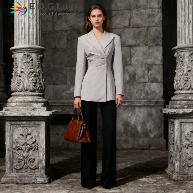 

EDGLuLu Korean Fashion Turn-Down Collar Long Sleeves Coats For Woman Design Wrinkle Waist Slim Grey Blazer 1114