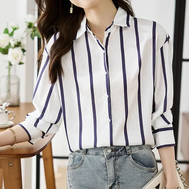 Fashion Long Sleeve Women Shirt Striped Turn Down Collar Chiffon Shirt Blouse Shirts Women Tops Camisas Blusa Blusas Shirts M352