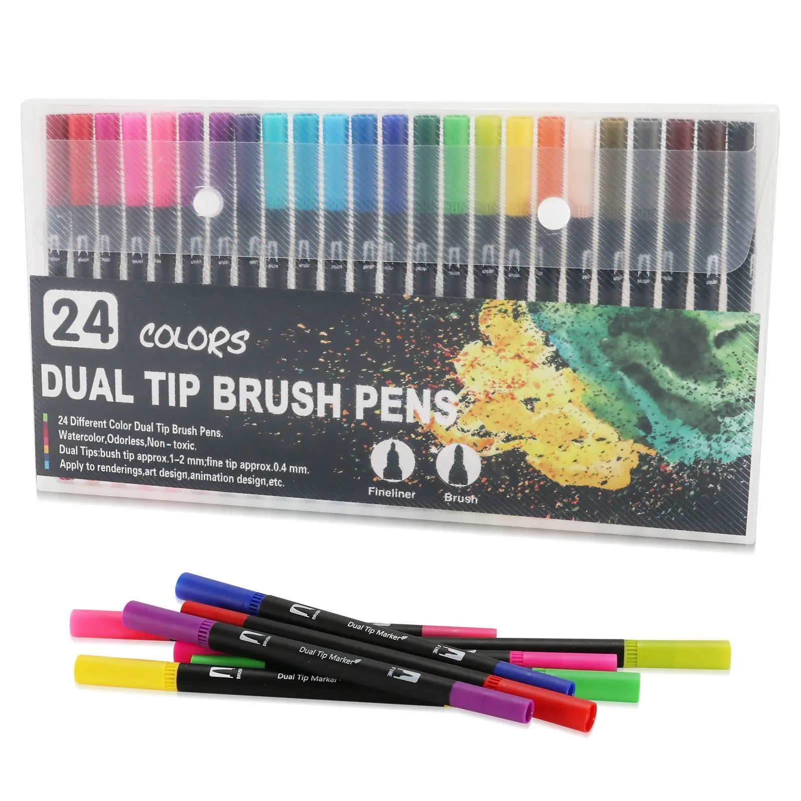24 Colors Felt Tip Drawing Watercolor Art Markers Pen Dual Brush Fineliner Colouring Pen Set for Calligraphy Painting