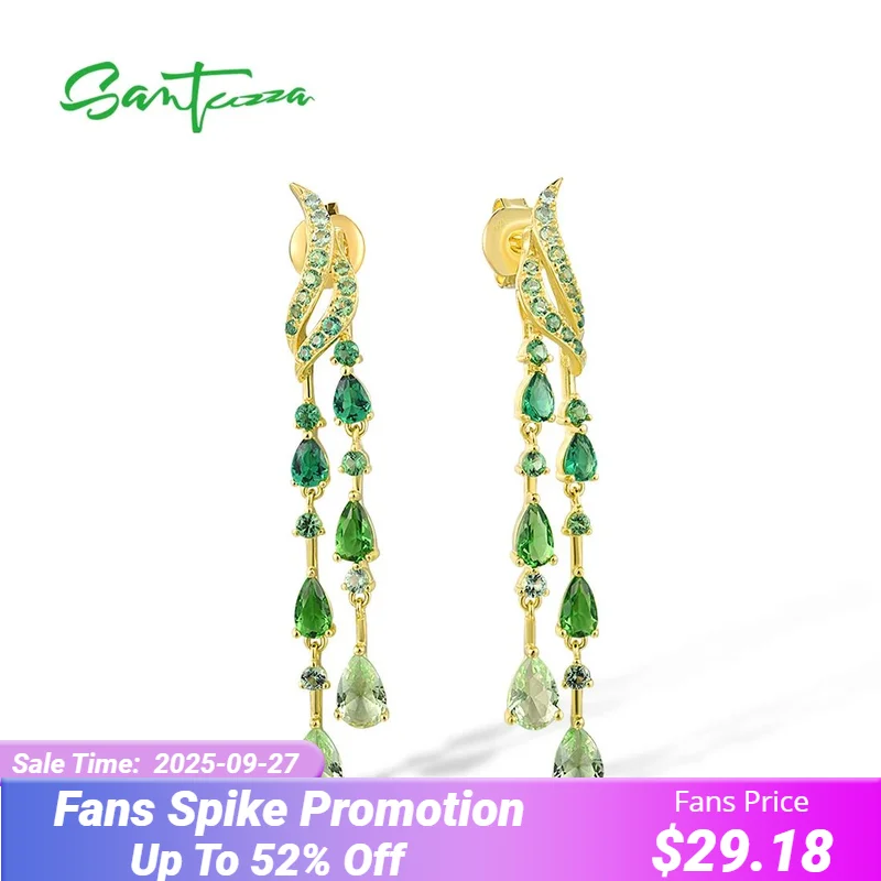 

SANTUZZA 925 Sterling Silver Stud Long Earrings For Women Ombre Green Spinel And Glass Gold Plated Fashion Fine Elegant Jewelry