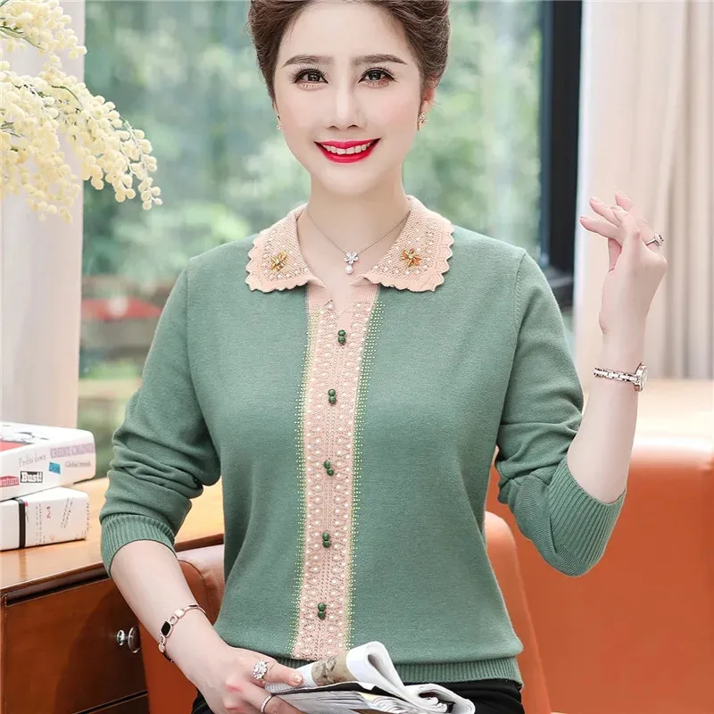Spring Autumn 2026 NEW Fashion Knitted T Shirts Middle Aged Elderly Women's Blouse Bottoming Shirt Loose Thin Sweater Pullover