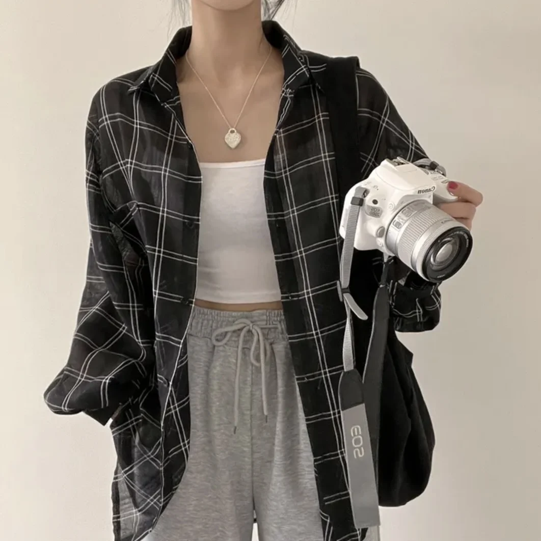 Estate da donna New Chic Allentato Lungo Sve Sottile Protezione solare irt Plaid Faionable mat Top Coreano Sle