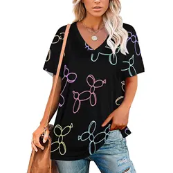 Balloon Dogs T-Shirt Colorful Animal Vintage V Neck T Shirts Short Sleeve Simple Tshirt Summer Custom Tops Big Size 2XL 3XL