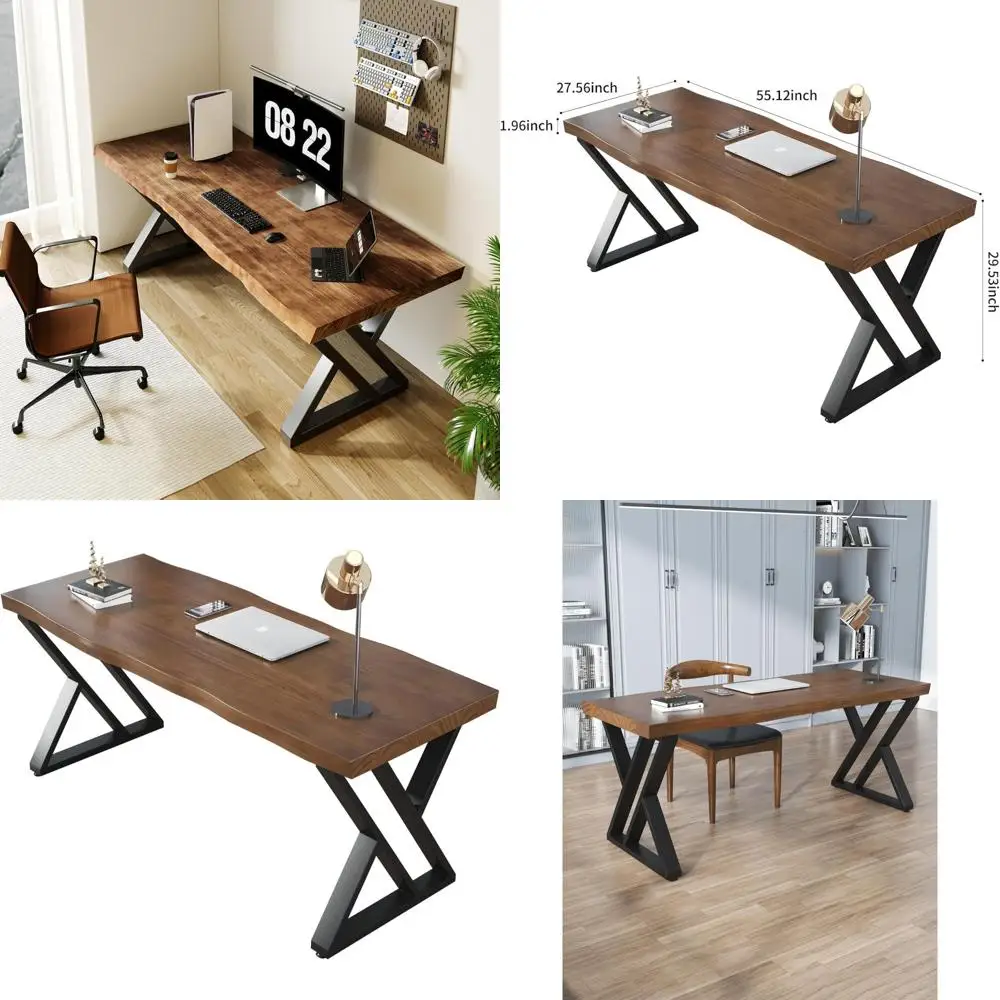 

Wide 55-inch Solid Wood Home Office Desk: Modern Metal Industrial Writing Table for Efficient Workstations