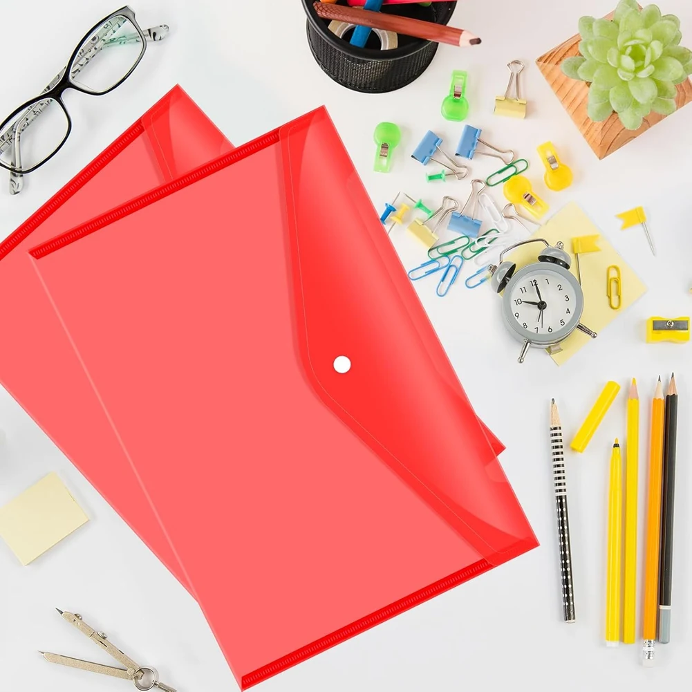 Buste per documenti in plastica da 12 pezzi con chiusura a scatto per documenti in formato A4, cartelle in polietilene per la scuola e le forniture