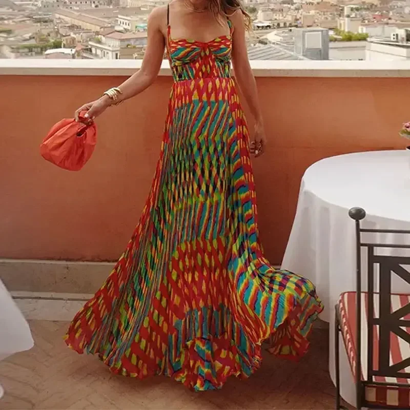 LIBIELIY Sexy Sleeveless Backless Pleated Long Dress Elegant Off Shoulder Spaghetti Straps Dress Women Fashion Pattern Print Pa