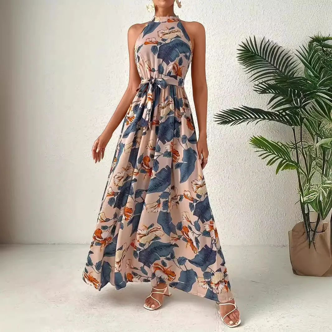 Summer Casual Woven Women Halter Neck Sleeveless Printed Maxi Dress Waist Tie Boho Irregular Hem Beach Vacation