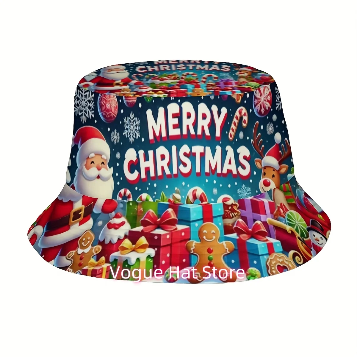 A Unisex Fisherman Hat Featuring Christmas Designs, Including Santa Claus, Candy Canes, And a Gingerbread Man. This Stylish Buck
