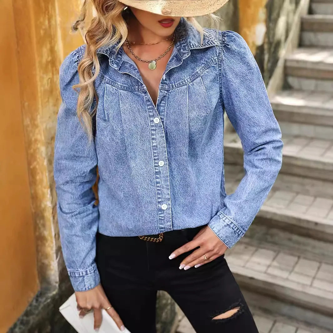 Women 2024 Autumn Denim Shirts Casual Distressed Blouse Full Sleeve Turn Down Collar Single Breasted Overshirt Female Tops